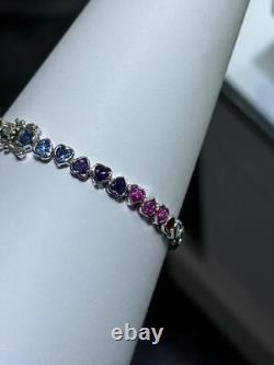 Platinum Sterling Silver Rainbow Sapphire Heart Shape Halo Tennis Bracelet 7 L