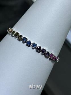 Platinum Sterling Silver Rainbow Sapphire Heart Shape Halo Tennis Bracelet 7 L