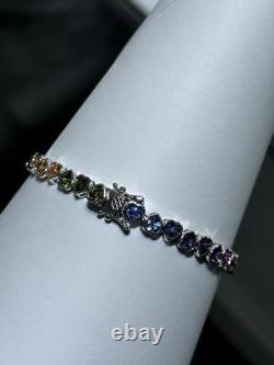 Platinum Sterling Silver Rainbow Sapphire Heart Shape Halo Tennis Bracelet 7 L