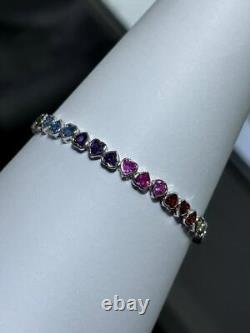 Platinum Sterling Silver Rainbow Sapphire Heart Shape Halo Tennis Bracelet 7 L