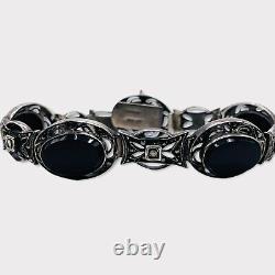 Pre-Owned Sterling Silver Black Onyx Bracelet with Marcasite