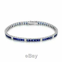 Princess Blue Sapphire Channel Set 14k White Gold Over Tennis Bracelet 7.25''