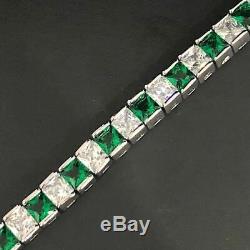 Princess Cut Green Emerald & Diamond Tennis Bracelet 14K White Gold Over 6.75