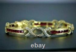 Princess Cut Ruby and Diamond Love X Tennis Bracelet in 18K Yellow Gold Over 7