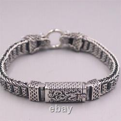 Pure 925 Sterling Silver Men Bracelet Lucky Dragon Beads Chain Link / 7.87L