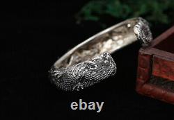 Pure S925 Sterling Silver 925 Vintage Two Dragons Bracelet Wide Bangle OPEN-CUFF