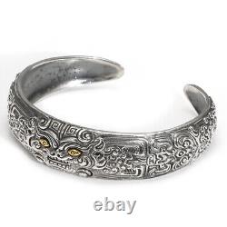 Pure S925 Sterling Silver Bracelet Men Women Dragon Son Pixiu Open Bangle 46-47g