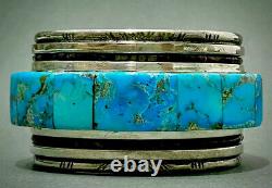 RARE MUSEUM Navajo Raised Turquoise Inlay Silver Cuff Bracelet Loloma Student