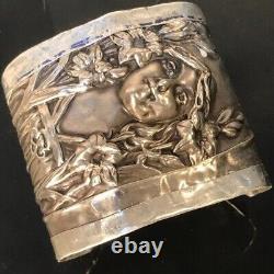 Rare Art Nouveau Antique Solid Sterling Silver 925 Cuff Bracelet Maiden Floral
