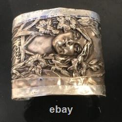 Rare Art Nouveau Antique Solid Sterling Silver 925 Cuff Bracelet Maiden Floral