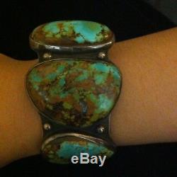 Rare Green Spiderweb Old Pawn Huge 3 Turquoises& Sterling Silver Cuff Bracelet