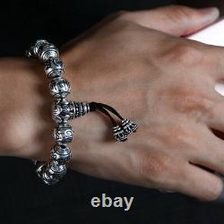 Real 925 Sterling Silver Bracelet Link Chain Beads Lection Om-Mani-Padme-Hum Men