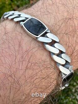 Real Mens Miami Cuban Link Bracelet W. Black Onyx Gemstone 925 Sterling Silver