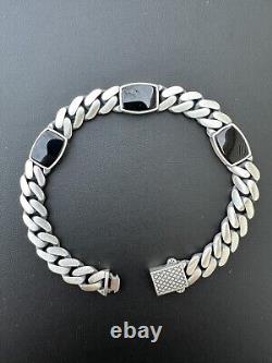Real Mens Miami Cuban Link Bracelet W. Black Onyx Gemstone 925 Sterling Silver