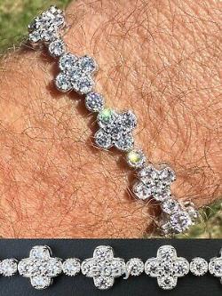 Real Solid 925 Silver 10mm Iced CZ Clover Flower Tennis Bracelet Mens Ladies
