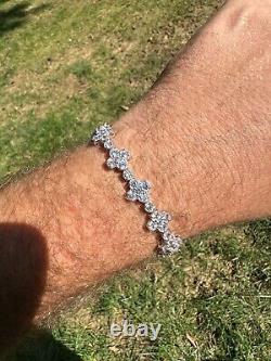 Real Solid 925 Silver 10mm Iced CZ Clover Flower Tennis Bracelet Mens Ladies