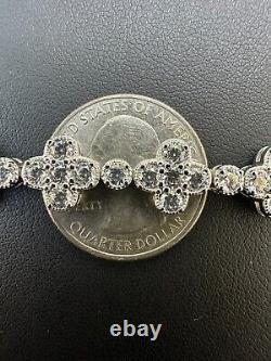 Real Solid 925 Silver 10mm Iced CZ Clover Flower Tennis Bracelet Mens Ladies