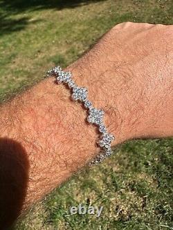Real Solid 925 Silver 10mm Iced CZ Clover Flower Tennis Bracelet Mens Ladies
