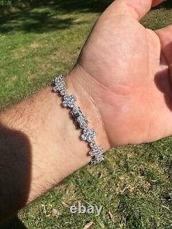 Real Solid 925 Silver 10mm Iced CZ Clover Flower Tennis Bracelet Mens Ladies