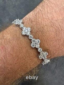 Real Solid 925 Silver 10mm Iced CZ Clover Flower Tennis Bracelet Mens Ladies