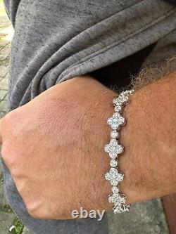 Real Solid 925 Silver 10mm Iced CZ Clover Flower Tennis Bracelet Mens Ladies