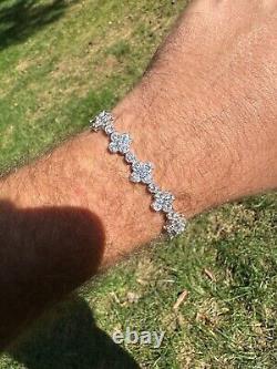 Real Solid 925 Silver 10mm Iced CZ Clover Flower Tennis Bracelet Mens Ladies