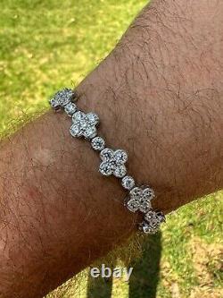 Real Solid 925 Silver 10mm Iced CZ Clover Flower Tennis Bracelet Mens Ladies