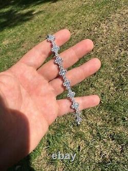 Real Solid 925 Silver 10mm Iced CZ Clover Flower Tennis Bracelet Mens Ladies