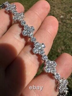 Real Solid 925 Silver 10mm Iced CZ Clover Flower Tennis Bracelet Mens Ladies