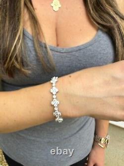 Real Solid 925 Silver 10mm Iced CZ Clover Flower Tennis Bracelet Mens Ladies