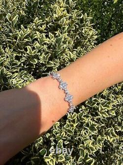Real Solid 925 Silver 10mm Iced CZ Clover Flower Tennis Bracelet Mens Ladies