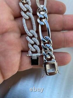 Real Solid 925 Silver Mens Custom Figaro Bracelet 14mm Iced Diamond Heavy HipHop