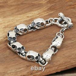 Real Solid 925 Sterling Silver Bracelet Link Skeleton Skulls Chain Jewelry 7.7