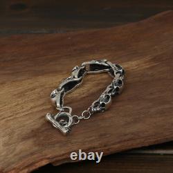 Real Solid 925 Sterling Silver Bracelet Link Skeleton Skulls Chain Jewelry 7.7