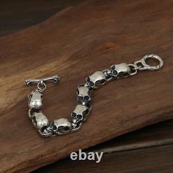 Real Solid 925 Sterling Silver Bracelet Link Skeleton Skulls Chain Jewelry 7.7