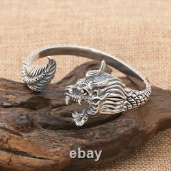 Real Solid 925 Sterling Silver Cuff Bracelet Dragon Open Bangle Fashion Jewelry