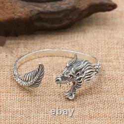 Real Solid 925 Sterling Silver Cuff Bracelet Dragon Open Bangle Fashion Jewelry