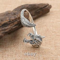 Real Solid 925 Sterling Silver Cuff Bracelet Dragon Open Bangle Fashion Jewelry