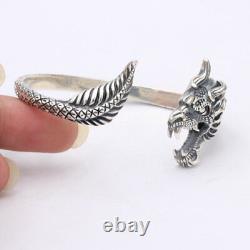 Real Solid 925 Sterling Silver Cuff Bracelet Dragon Open Bangle Fashion Jewelry