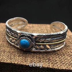 Real Solid 925 Sterling Silver Cuff Bracelet Feather Turquoise Open Bangle