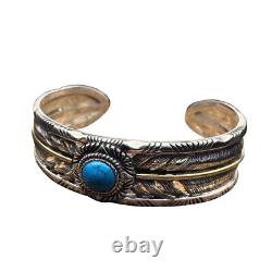 Real Solid 925 Sterling Silver Cuff Bracelet Feather Turquoise Open Bangle