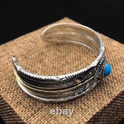 Real Solid 925 Sterling Silver Cuff Bracelet Feather Turquoise Open Bangle