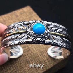 Real Solid 925 Sterling Silver Cuff Bracelet Feather Turquoise Open Bangle