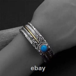 Real Solid 925 Sterling Silver Cuff Bracelet Feather Turquoise Open Bangle