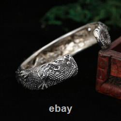 Real Solid 925 Sterling Silver Gem Cuff Bracelet Dragons Open Bangle Jewelry
