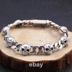 Real Solid 925 Sterling Silver Miami Cuban Chain Bracelet Skull Fashion 7.9