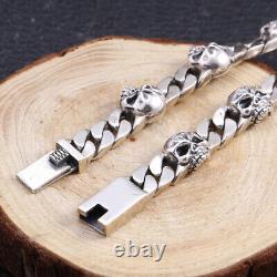 Real Solid 925 Sterling Silver Miami Cuban Chain Bracelet Skull Fashion 7.9