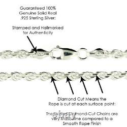Real Solid Sterling Silver Diamond Cut Rope Chain Mens Boys Bracelet or Necklace