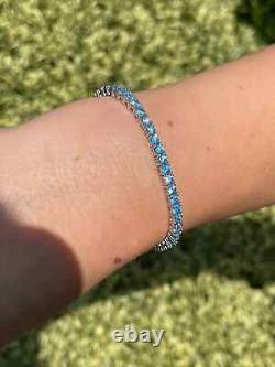 Round Cut 2mm to 5mm Aquamarine Lab-Created Tennis Bracelet 925 Sterling Silver