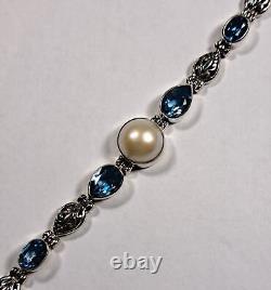 SAMUEL B Blue Topaz & Mabe Pearl Link Bracelet Toggle Clasp Sterling Silver NEW
